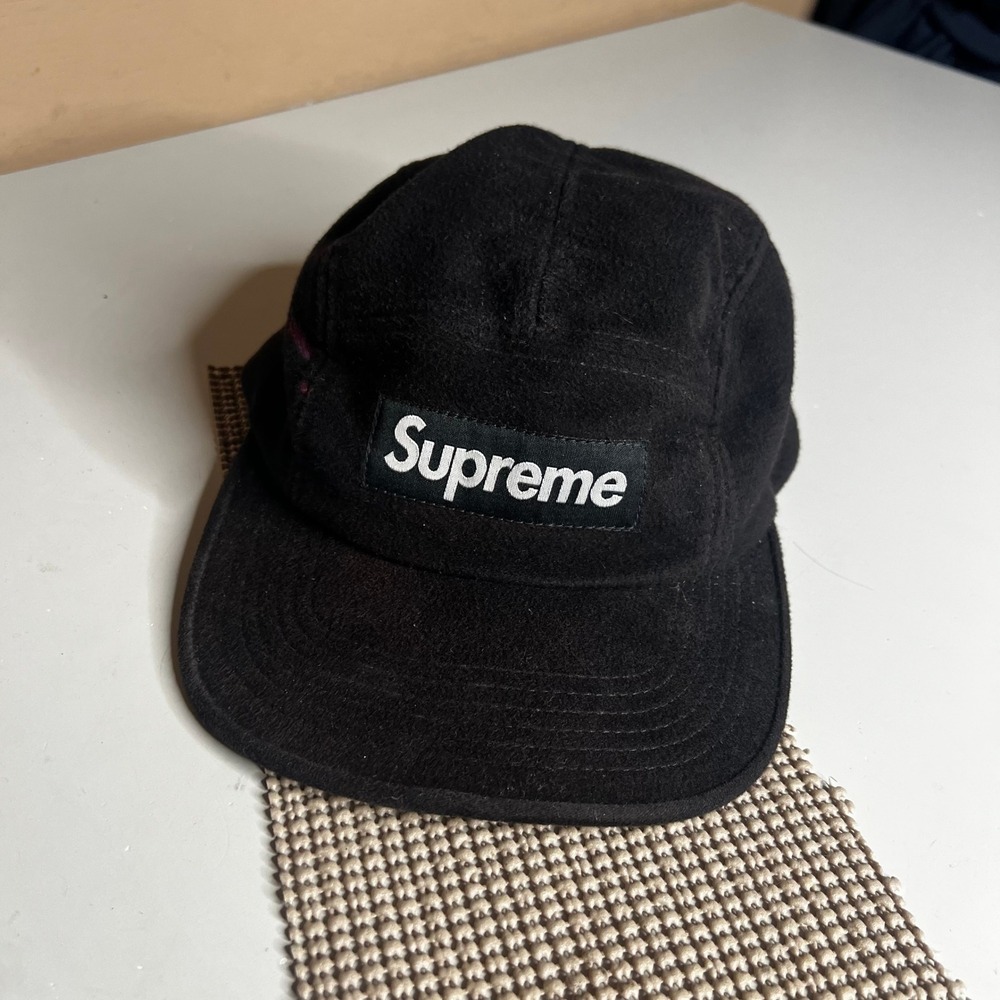 Supreme Wool Camp Cap 5 Panel Box Logo Hat Black Pink Marks Made in USA